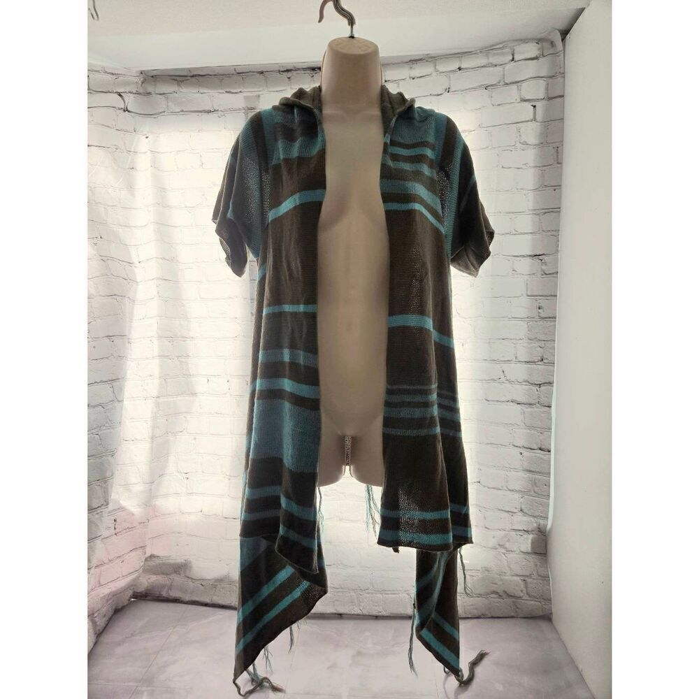 Bamboo Traders Women's Size Large Grey/Blue Striped Open Hooded Sweater